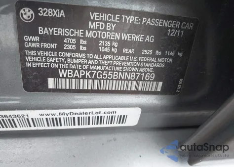 2011 BMW 328I xDrive из США, поврежденный, VIN WBAPK7G55BNN87169